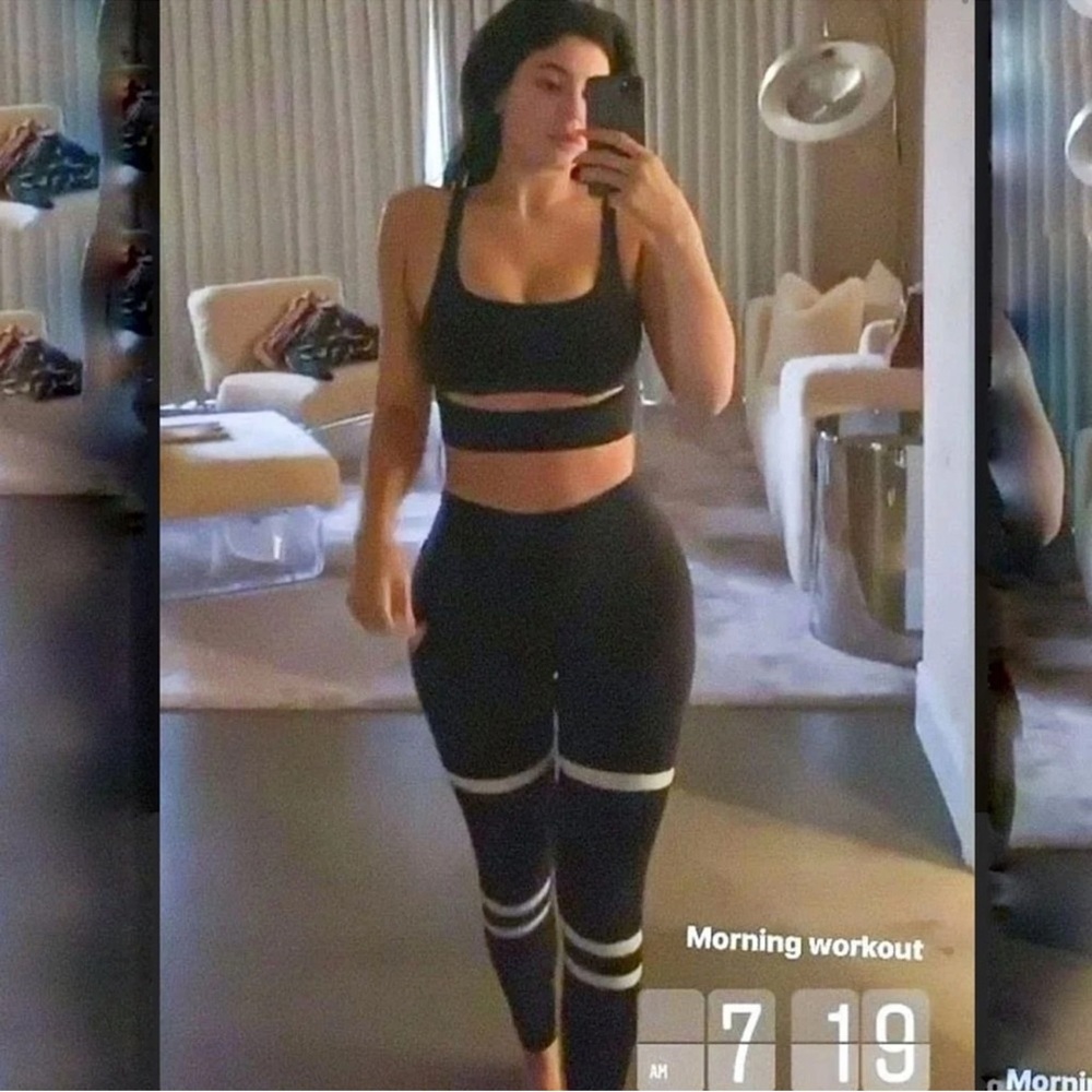 ALO YOGA High Waisted Legit Leggings Black Bone Stripe Ribbed Kylie Jenner Large - Picture 2 of 12